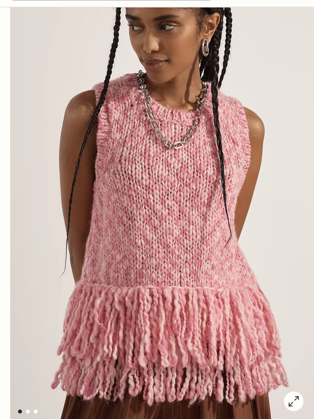 Anthropologie Pink Chunky Knit Fringe Sleeveless Sweater